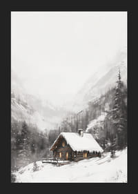 Illustreret bjerghytte med snedækket tag og grantræer-5