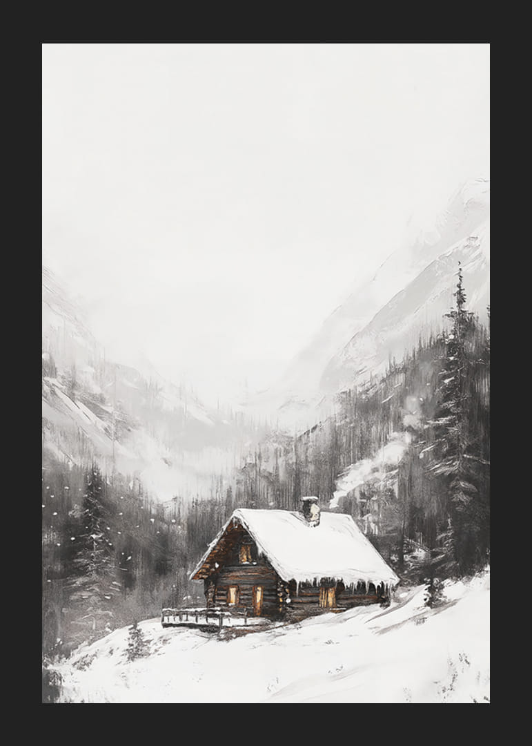 Illustreret bjerghytte med snedækket tag og grantræer-12