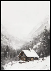 Illustrated mountain cabin with snow-covered roof and fir trees-6