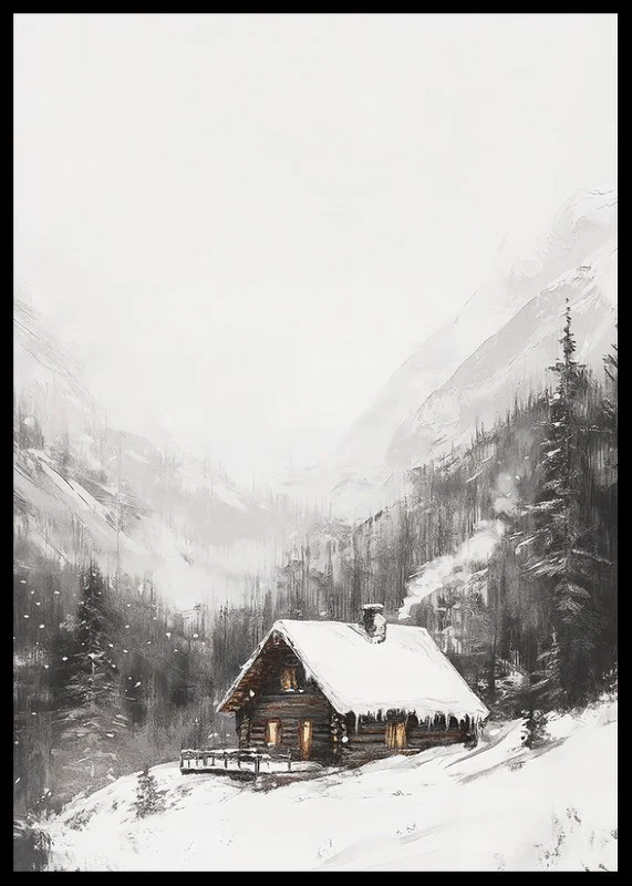 Illustrated mountain cabin with snow-covered roof and fir trees-12