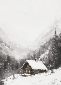 Illustrated mountain cabin with snow-covered roof and fir trees-7