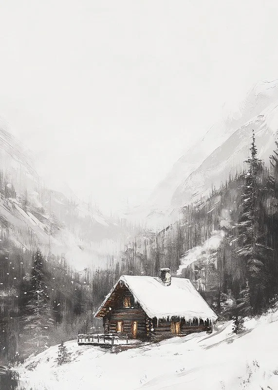 Illustrated mountain cabin with snow-covered roof and fir trees-12