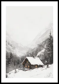 Illustrated mountain cabin with snow-covered roof and fir trees-0
