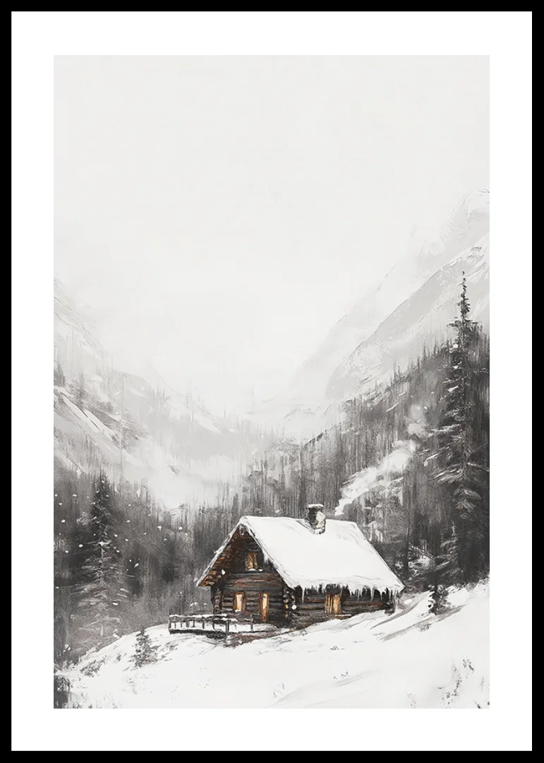 Illustrated mountain cabin with snow-covered roof and fir trees-12