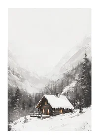 Illustrated mountain cabin with snow-covered roof and fir trees-1