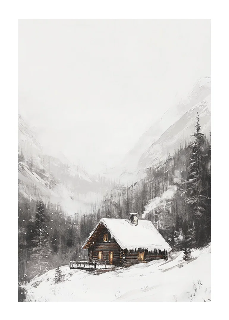 Illustrated mountain cabin with snow-covered roof and fir trees-12