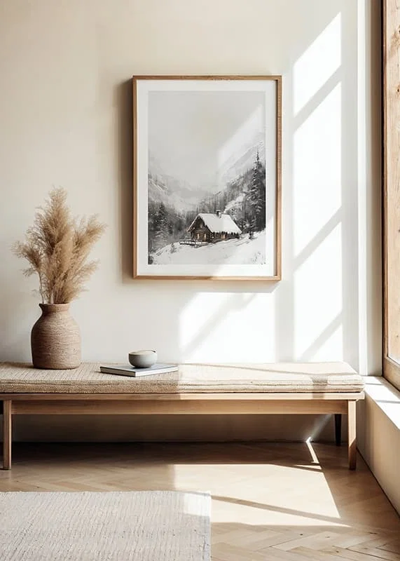 Illustrated mountain cabin with snow-covered roof and fir trees-12