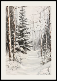 Chemin d'hiver peint parmi les sapins enneigés et les troncs de bouleaux-2