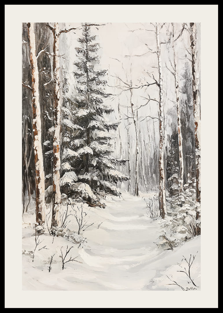 Chemin d'hiver peint parmi les sapins enneigés et les troncs de bouleaux-12