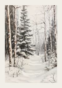 Chemin d'hiver peint parmi les sapins enneigés et les troncs de bouleaux-3