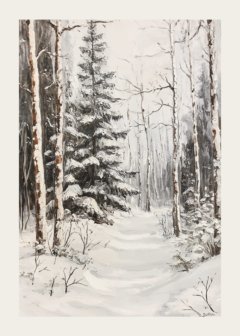 Chemin d'hiver peint parmi les sapins enneigés et les troncs de bouleaux-12