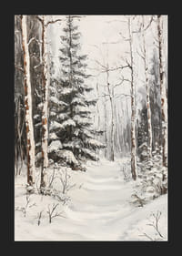 Chemin d'hiver peint parmi les sapins enneigés et les troncs de bouleaux-5