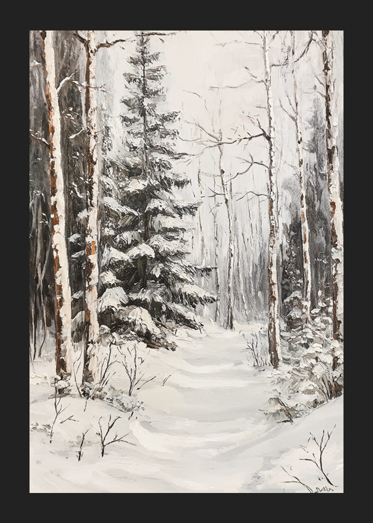 Chemin d'hiver peint parmi les sapins enneigés et les troncs de bouleaux-12