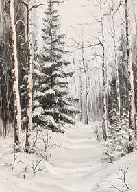 Målad vinterstig bland snötäckta granar och björkstammar-7