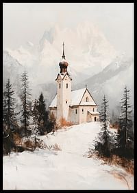 Poster met een schilderij van een kerk in een prachtige winterse omgeving-2