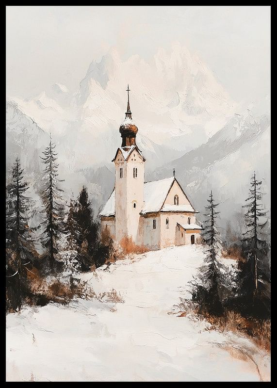 Poster met een schilderij van een kerk in een prachtige winterse omgeving-12