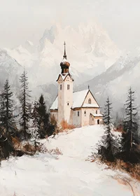 Church in winter landscape with snow-covered alpine peaks in the background-7