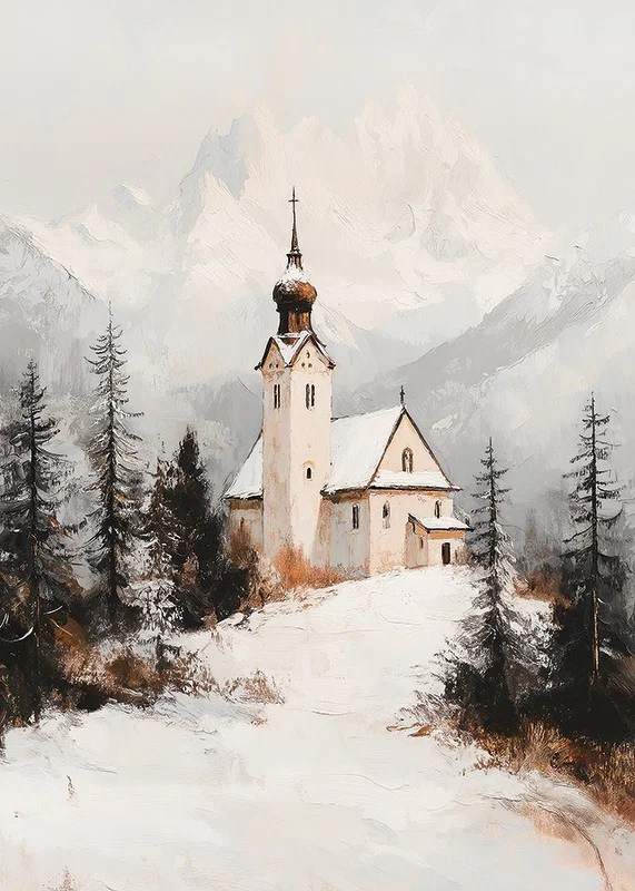 Church in winter landscape with snow-covered alpine peaks in the background-12