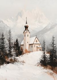Poster met een schilderij van een kerk in een prachtige winterse omgeving-3