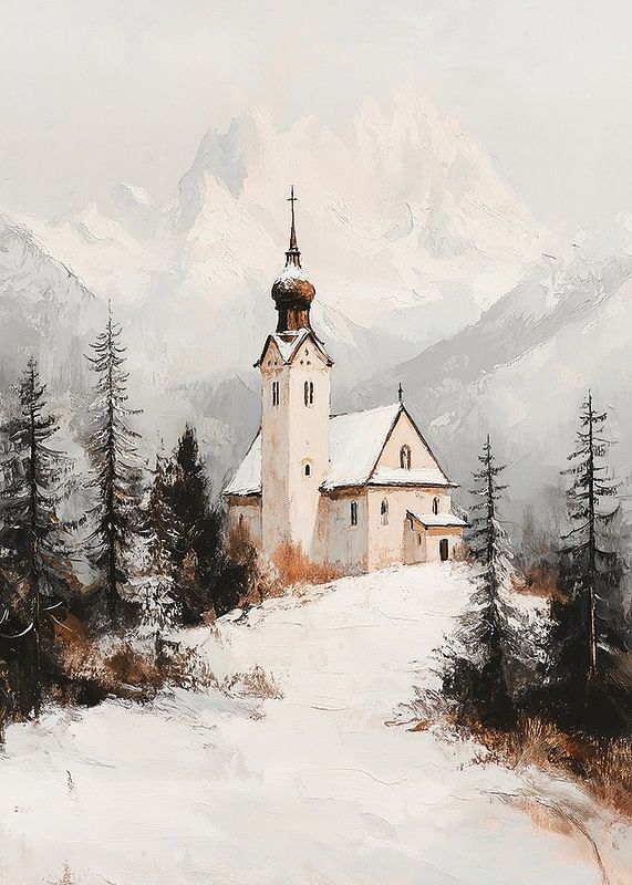 Poster met een schilderij van een kerk in een prachtige winterse omgeving-12