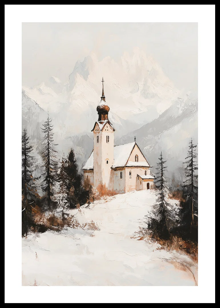 Church in winter landscape with snow-covered alpine peaks in the background-12