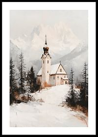 Poster met een schilderij van een kerk in een prachtige winterse omgeving-0