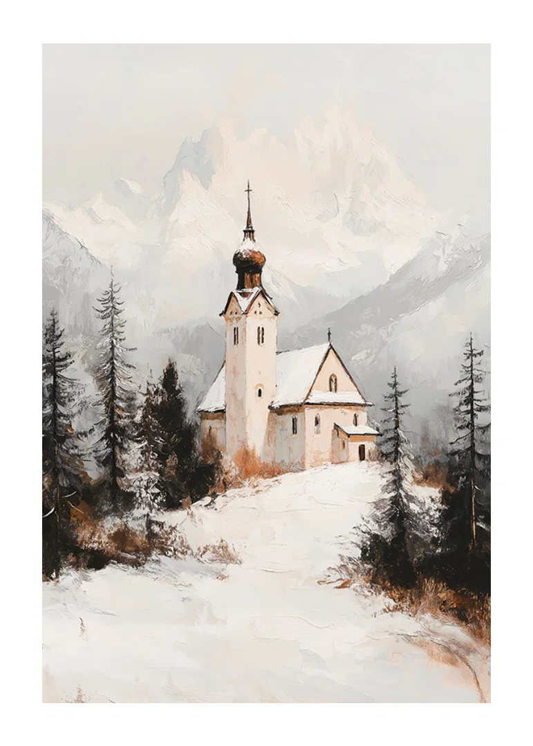 Church in winter landscape with snow-covered alpine peaks in the background-12