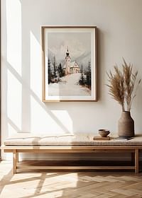 Poster met een schilderij van een kerk in een prachtige winterse omgeving-4