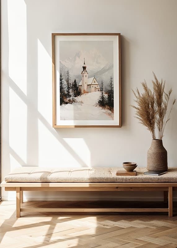 Poster met een schilderij van een kerk in een prachtige winterse omgeving-12
