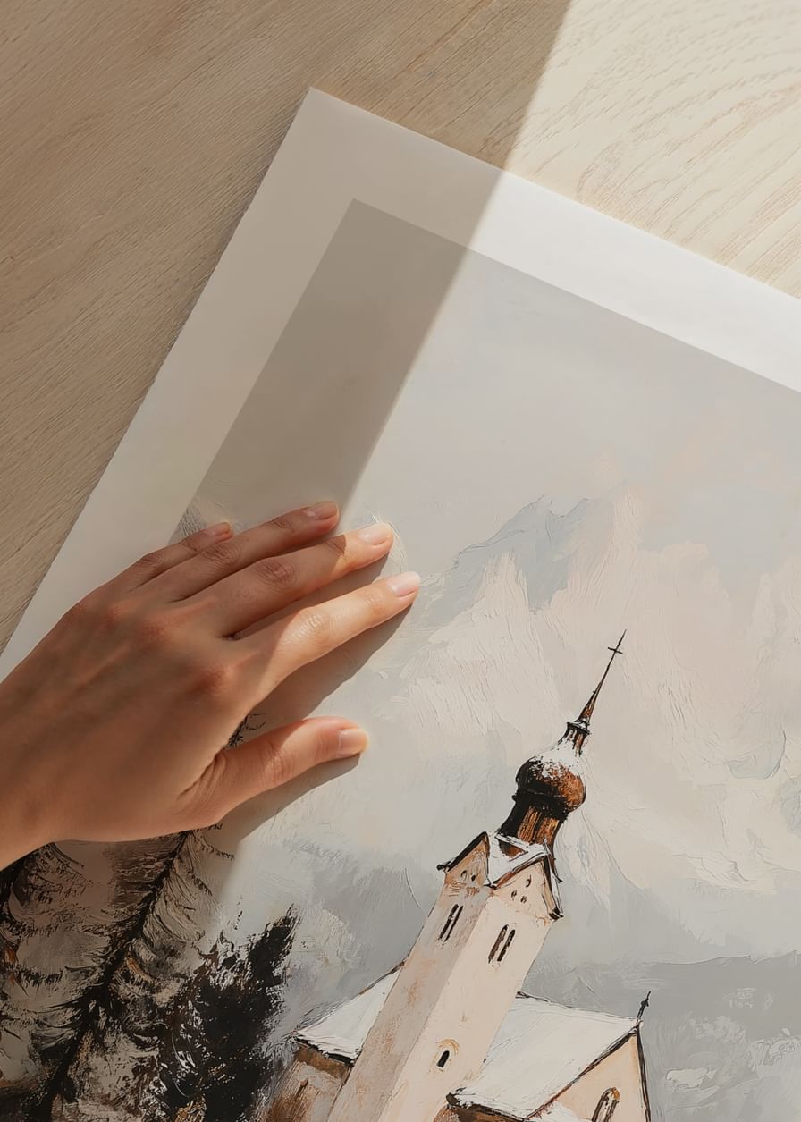 Poster met een schilderij van een kerk in een prachtige winterse omgeving-12