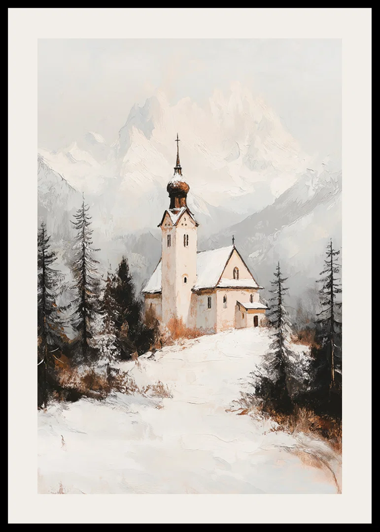 Church in winter landscape with snow-covered alpine peaks in the background-12