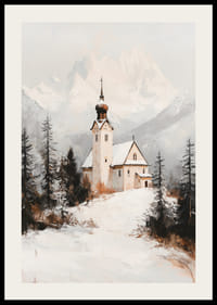 Kirke i vinterlandskap med snødekte alpetopper i bakgrunnen-2