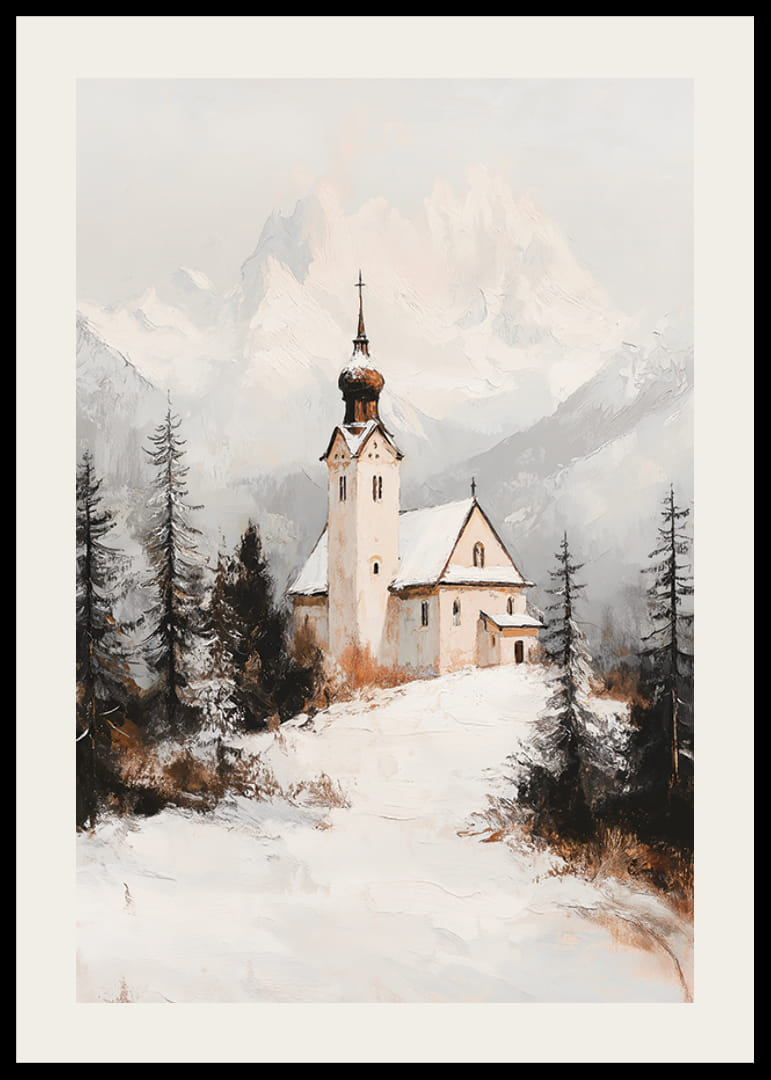 Kirke i vinterlandskap med snødekte alpetopper i bakgrunnen-12