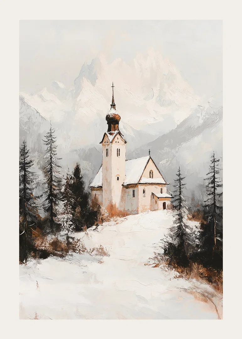 Church in winter landscape with snow-covered alpine peaks in the background-12