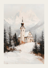 Kirke i vinterlandskap med snødekte alpetopper i bakgrunnen-3