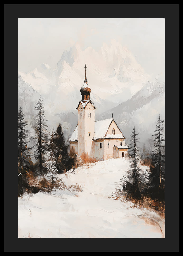 Kirke i vinterlandskap med snødekte alpetopper i bakgrunnen-12