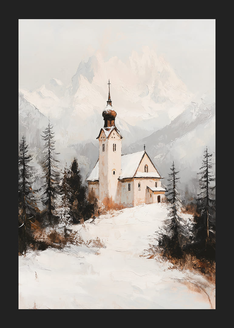 Kirke i vinterlandskap med snødekte alpetopper i bakgrunnen-12