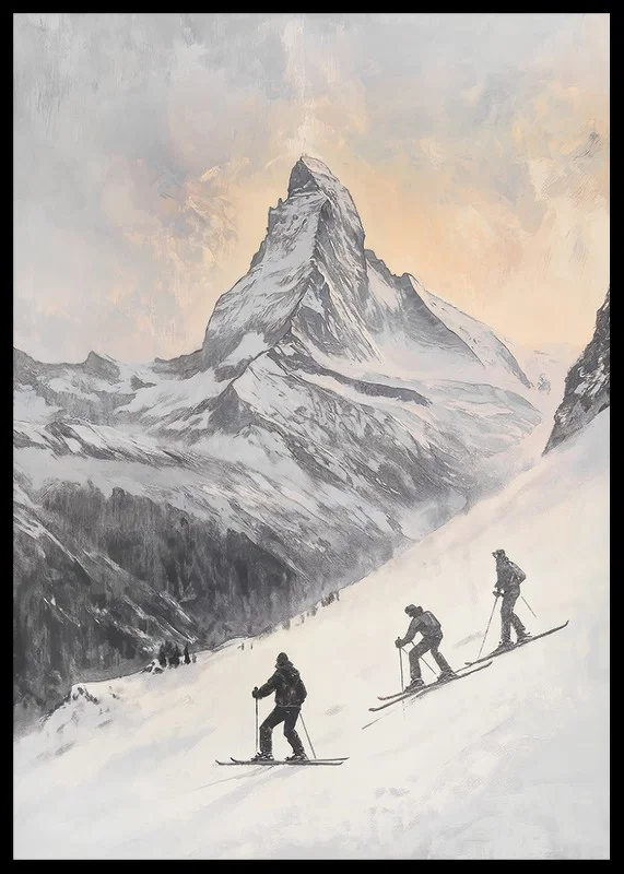 Illustration of three skiers against Matterhorn in winter landscape-12