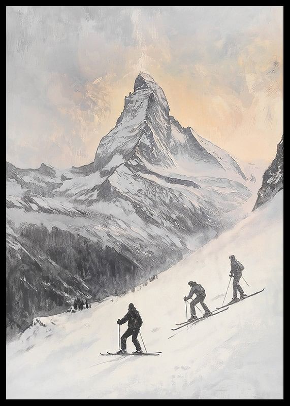 Poster mit einem Gemälde von Skifahrern am Matterhorn-12