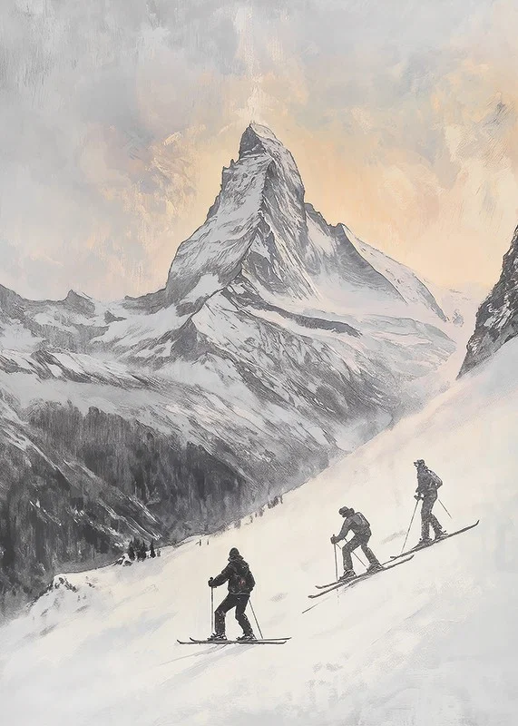 Illustration of three skiers against Matterhorn in winter landscape-12