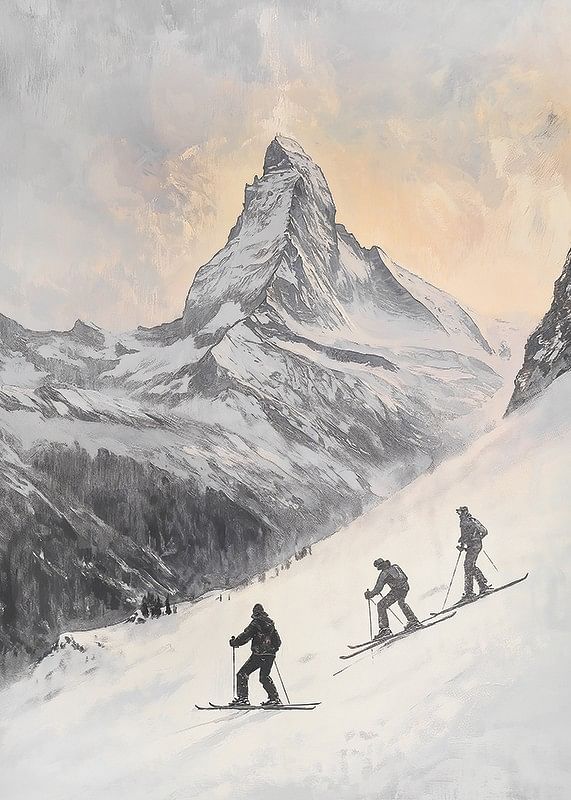 Poster mit einem Gemälde von Skifahrern am Matterhorn-12