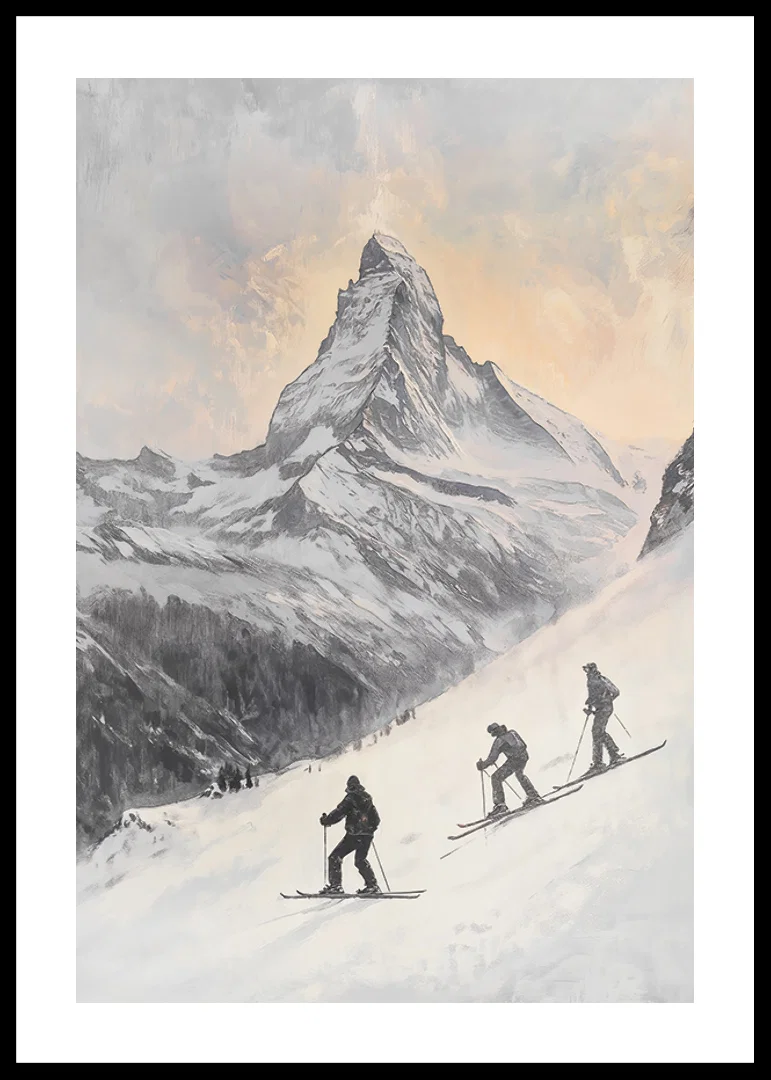 Illustration of three skiers against Matterhorn in winter landscape-12