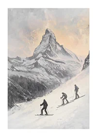 Illustration of three skiers against Matterhorn in winter landscape-1