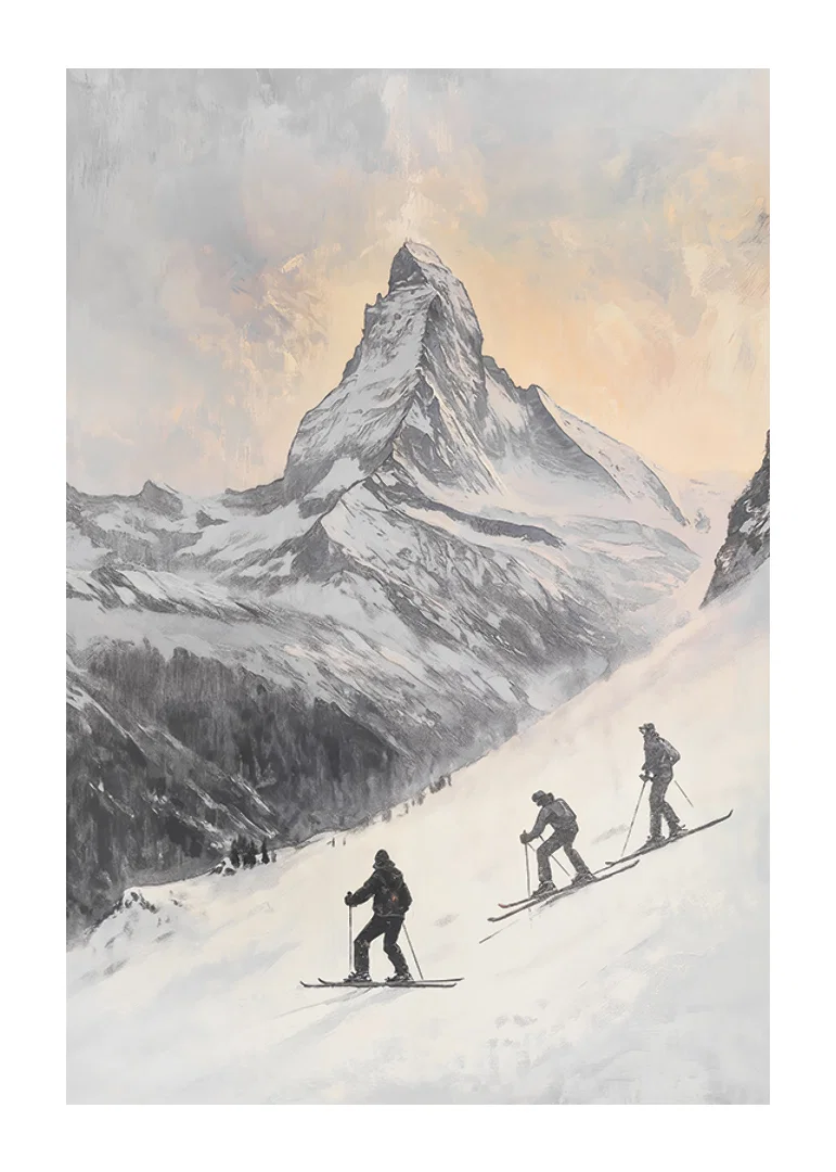 Illustration of three skiers against Matterhorn in winter landscape-12
