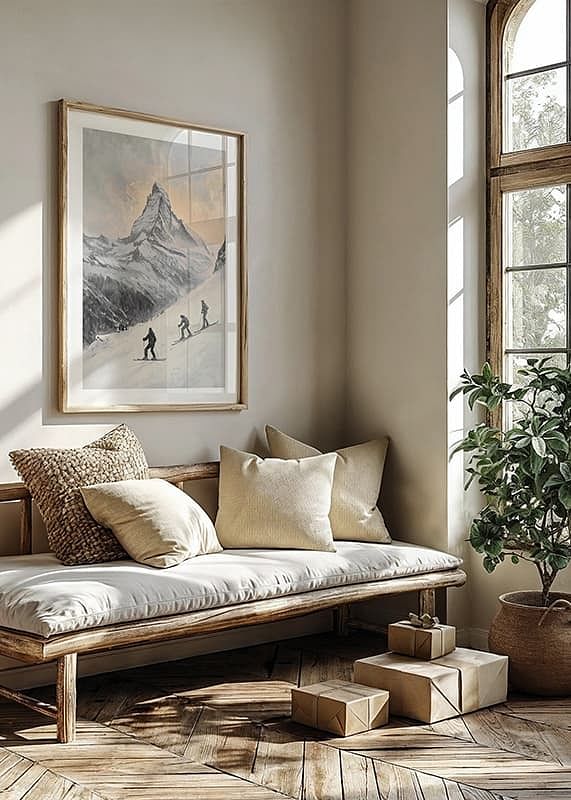 Poster mit einem Gemälde von Skifahrern am Matterhorn-12