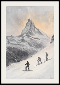 Illustrasjon av tre skiløpere som vender mot Matterhorn i vinterlandskap-2