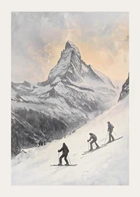 Illustration of three skiers against Matterhorn in winter landscape-3