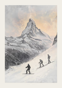 Illustrasjon av tre skiløpere som vender mot Matterhorn i vinterlandskap-3