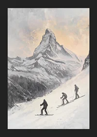 Illustration of three skiers against Matterhorn in winter landscape-5