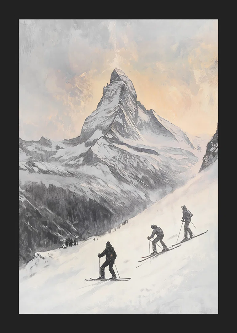 Illustration of three skiers against Matterhorn in winter landscape-12